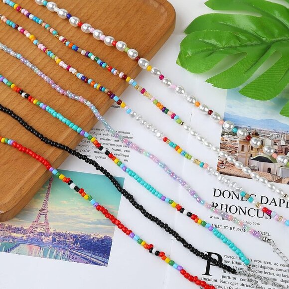 4-12 Pieces Beaded Choker Necklaces for Women Boho Seed Bead Choker Set Hawaiian - Picture 4 of 7